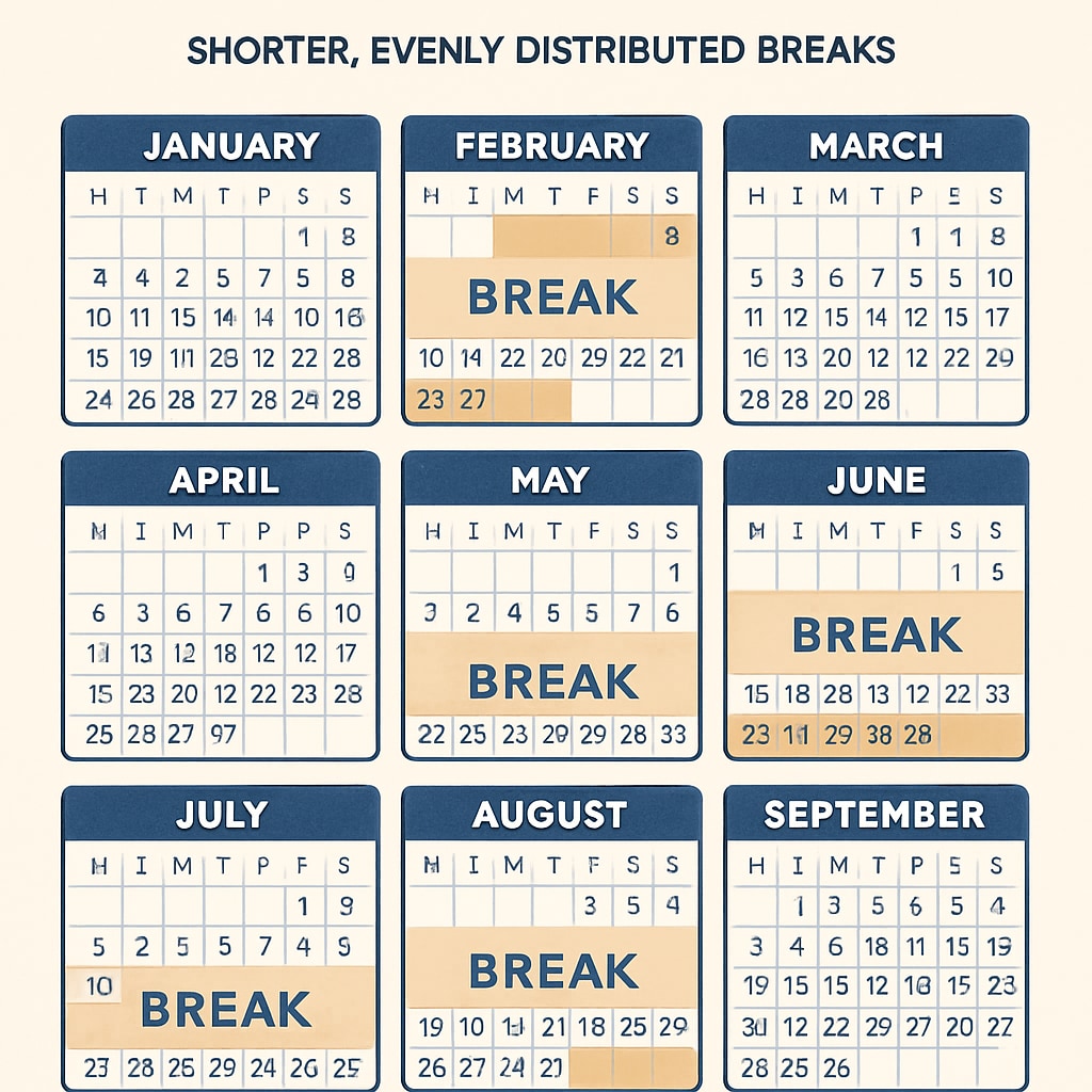 A calendar illustrating a year-round school schedule with shorter, evenly distributed breaks to highlight the concept of continuous learning. A year-round school calendar showing balanced breaks for continuous learning.