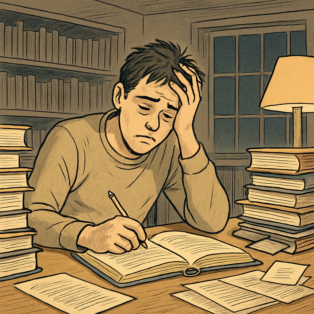 An exhausted student sitting in a library late at night, symbolizing the toll of extreme academic pressure. Exhausted student highlighting the impact of extreme academic pressure.