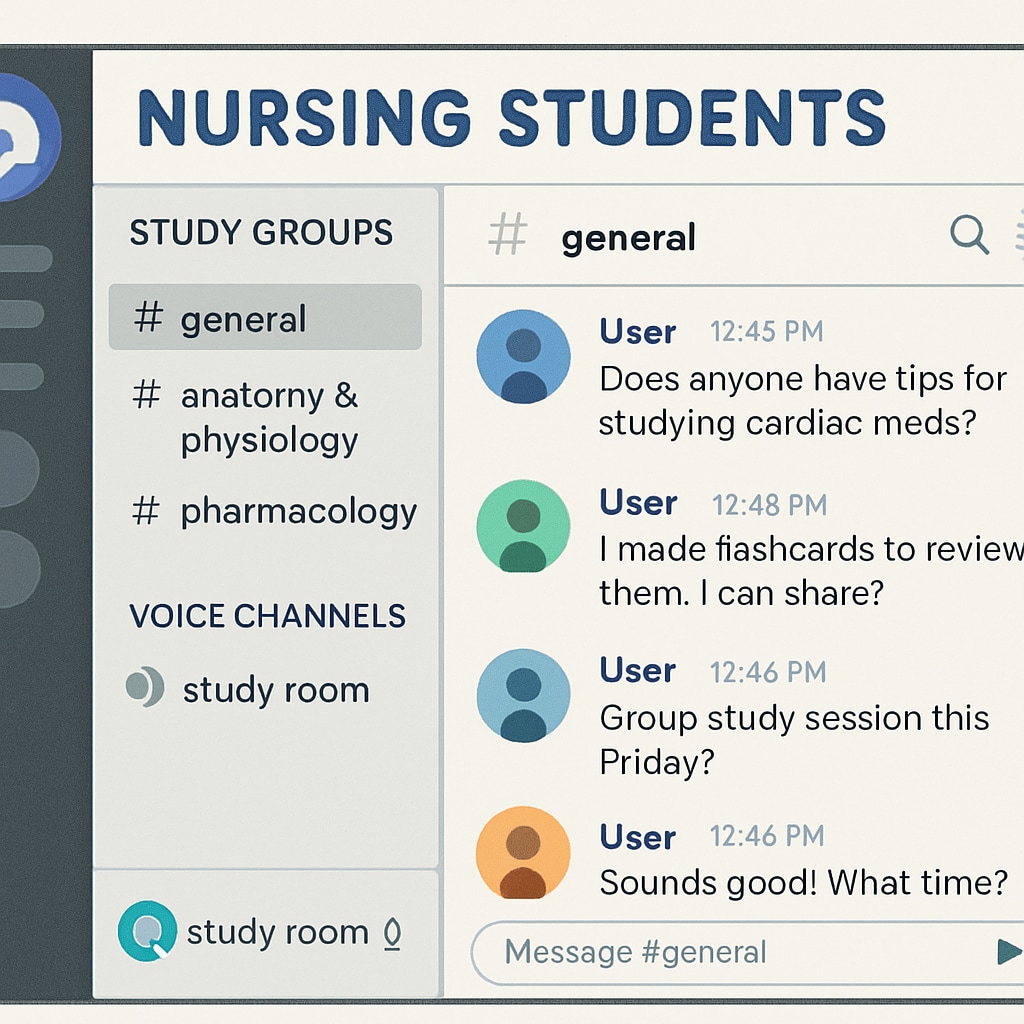 A screenshot of a Discord nursing student community showing study group channels and active discussions. Nursing students collaborating in Discord groups for learning purposes.