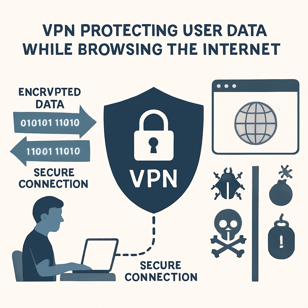 A conceptual illustration of a VPN protecting user data while browsing the internet. A graphic depiction of VPN encryption with a shield icon, representing privacy.