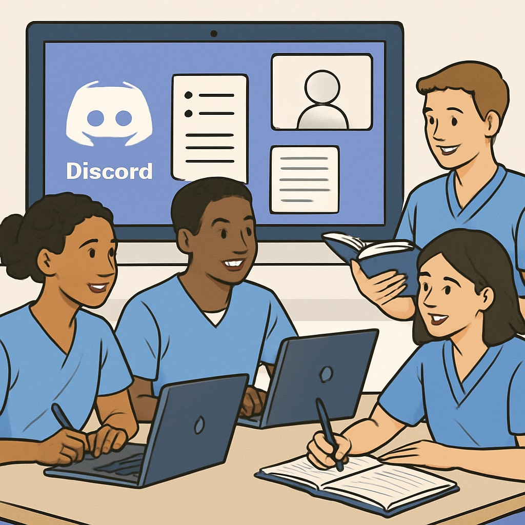 Nursing students collaborating in a study group via Discord, showcasing teamwork and digital learning tools. Nursing students study groups Discord learning collaboration.