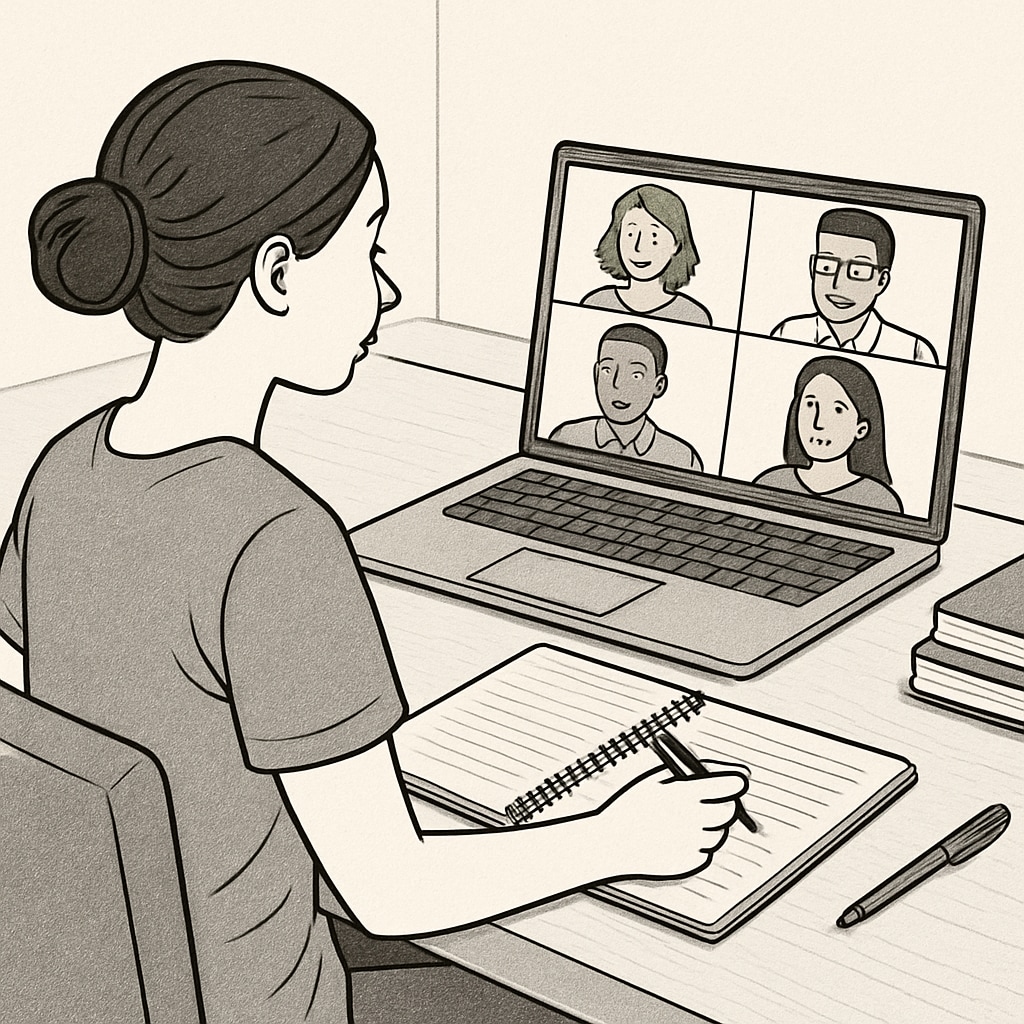 A nursing student using Discord on a laptop, engaged in a video call with their study group. Nursing student participating in a Discord study group session.