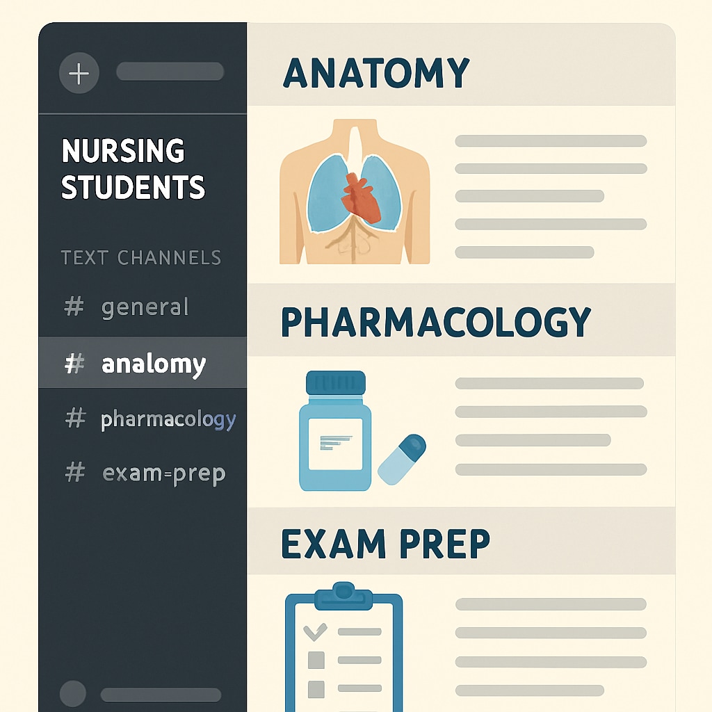 A screenshot of a Discord server designed for nursing students, with channels for anatomy, pharmacology, and exam prep. Discord server nursing students study groups digital tools.