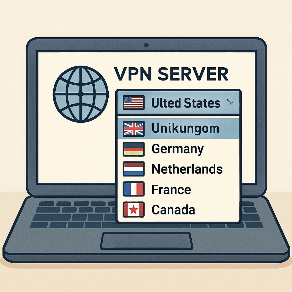 A user selecting a VPN server location on their laptop to ensure secure browsing. An individual using a laptop to choose a VPN server, symbolizing secure browsing.