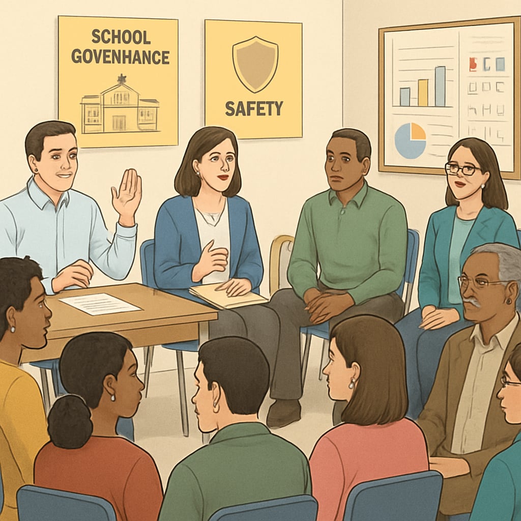 A concerned community gathering to discuss school governance and safety issues. Community members discussing school governance and child protection.