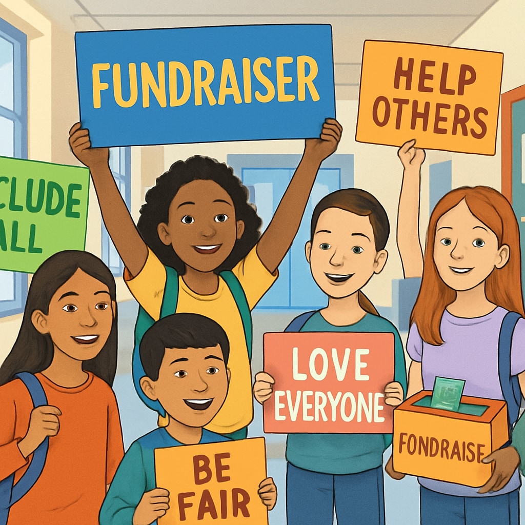 Students at a school fundraising event promoting inclusivity and fairness.