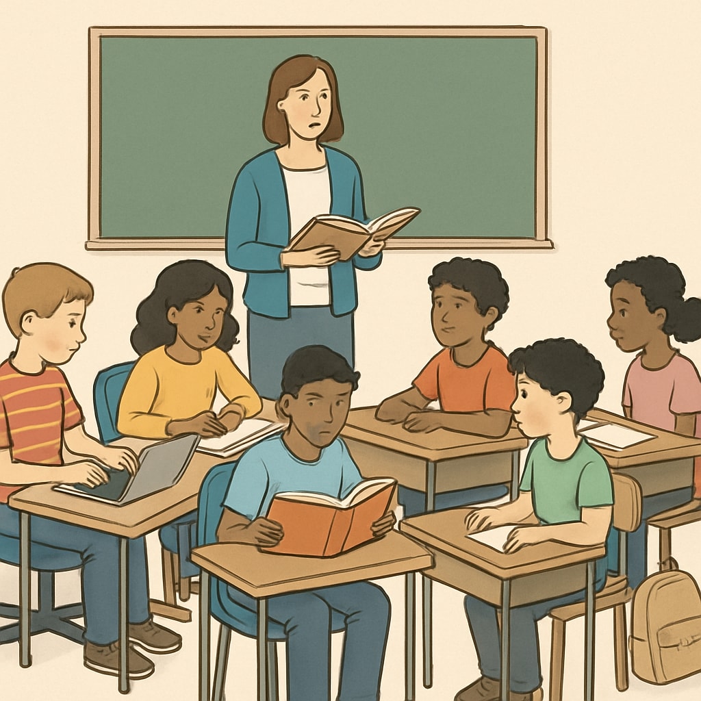 A group of students in a classroom, some visibly advantaged with better materials or seating, depicting the effects of privilege fundraising. School fundraising privilege system impacts on students' classroom experience