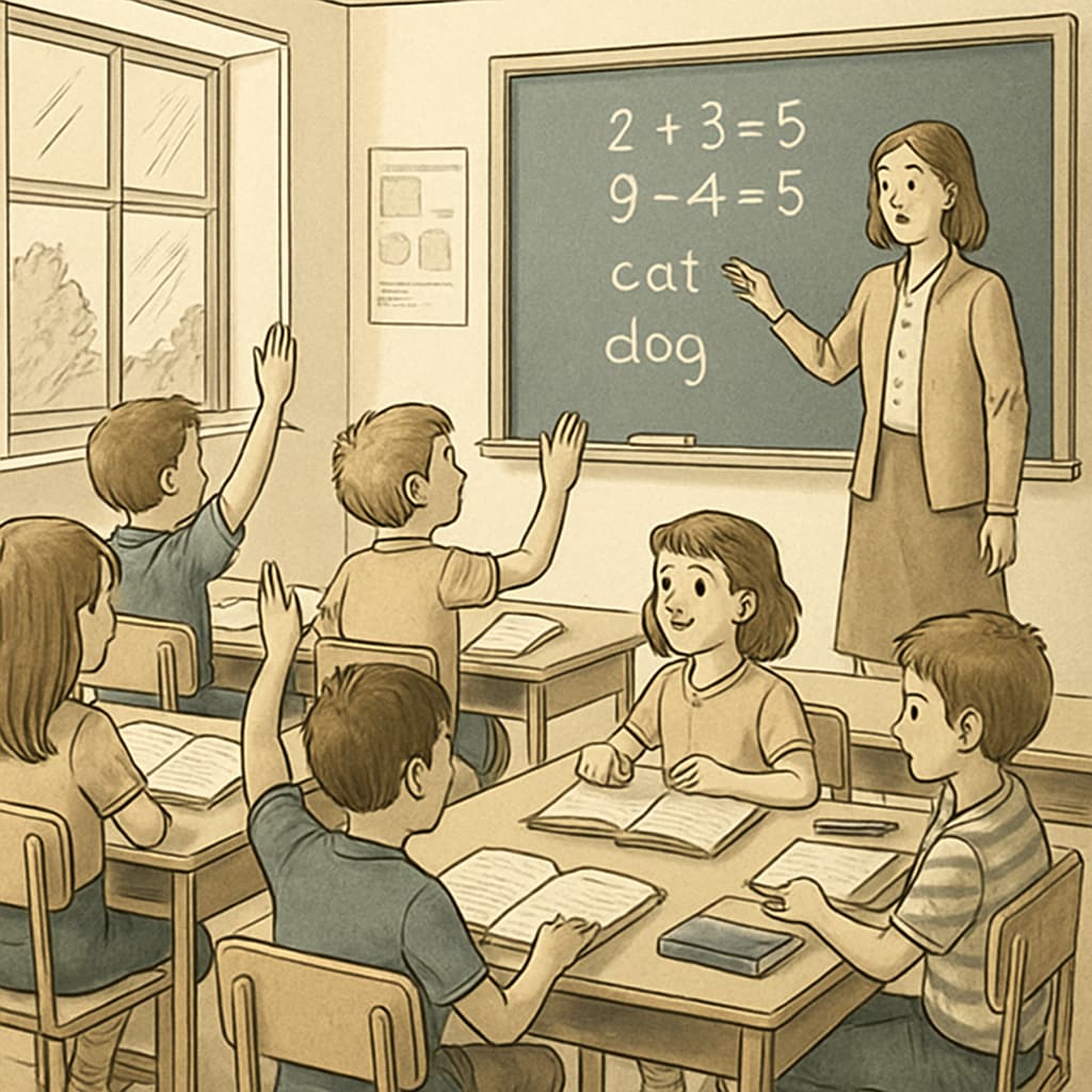 Classroom scene illustrating year-round schooling, learning retention, and summer break patterns.
