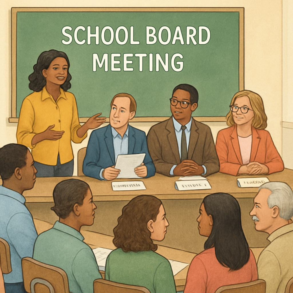 A school board meeting in session, highlighting community involvement. Community members attending a school board meeting to address governance concerns.