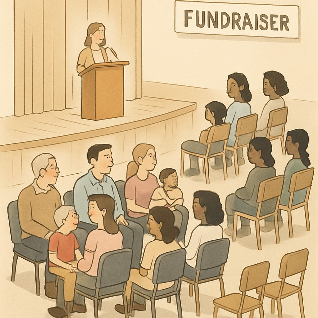 A fundraising event at a school where wealthier families are given priority seating and access, emphasizing economic disparity. School fundraising event highlighting economic privilege disparities