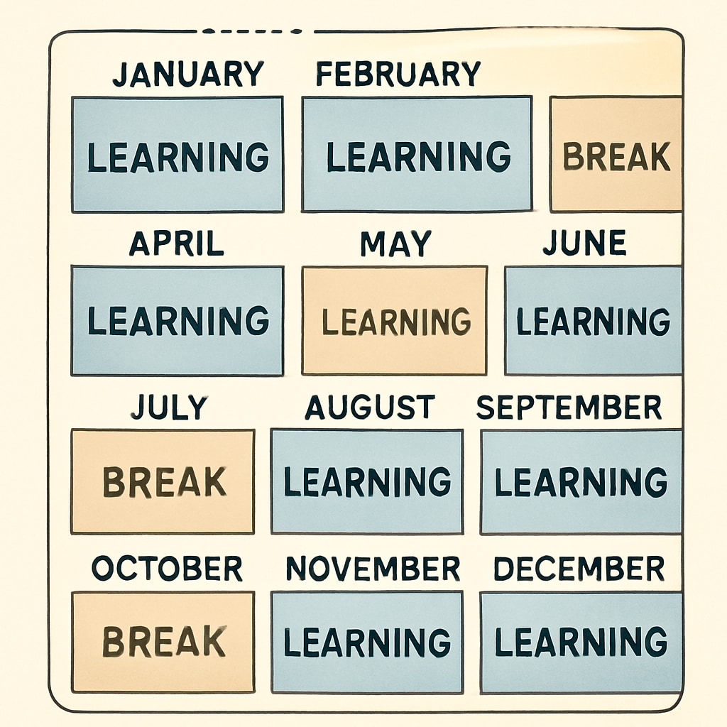 School calendar visualizing year-round schooling and reduced learning loss.
