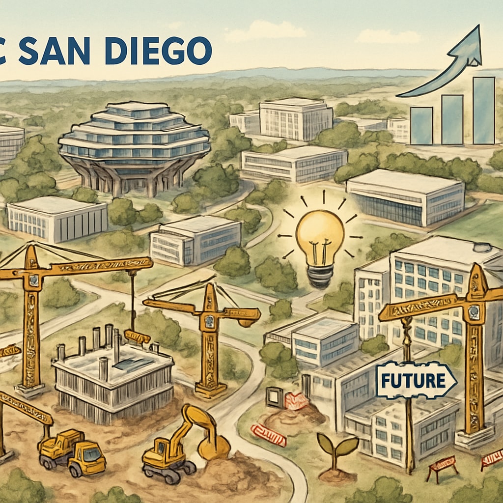 A birds-eye view of the UC San Diego campus with ongoing construction, symbolizing future growth. UC San Diego campus under construction, reflecting enrollment expansion.
