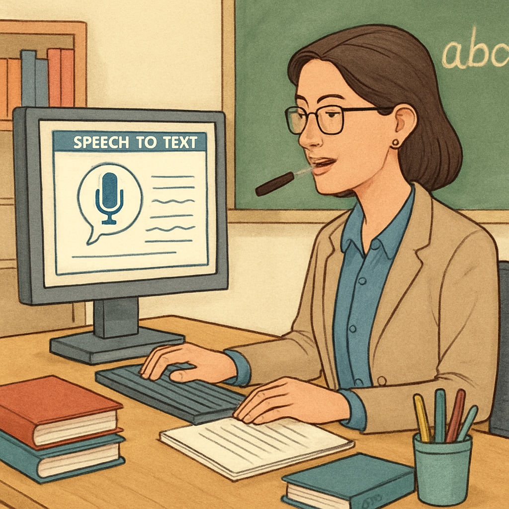 A teacher using a speech-to-text software in the classroom to streamline administrative tasks. Teacher using speech-to-text technology to reduce administrative work.