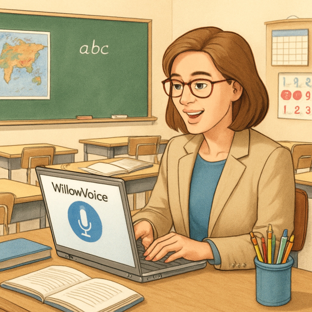 A teacher utilizing voice recognition software, improving workflow and time management.