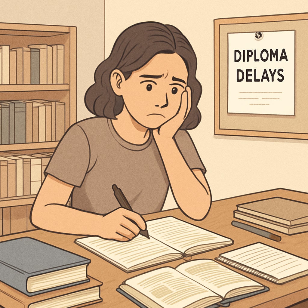 A homeschool student sitting at a desk with study materials, looking concerned about diploma delays. Concerned homeschool student studying, worried about diploma issues.