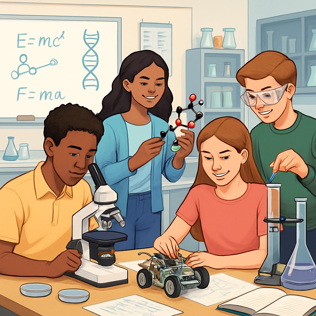 A diverse group of high school students working on science projects in a modern classroom, representing the future of K12 education. High school students engaged in STEM projects, highlighting K12 education's role in student growth.