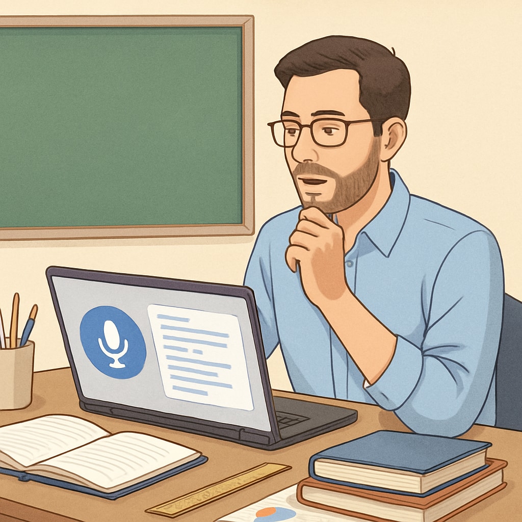 A teacher dictating lesson plan ideas into a speech-to-text app on their laptop. Teacher creating lesson plans with speech-to-text software for efficiency.