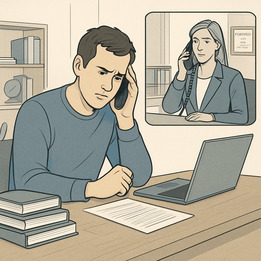 A frustrated parent discussing diploma delays with a private school administrator over the phone. Parent communicating with private school about homeschool diploma delays.