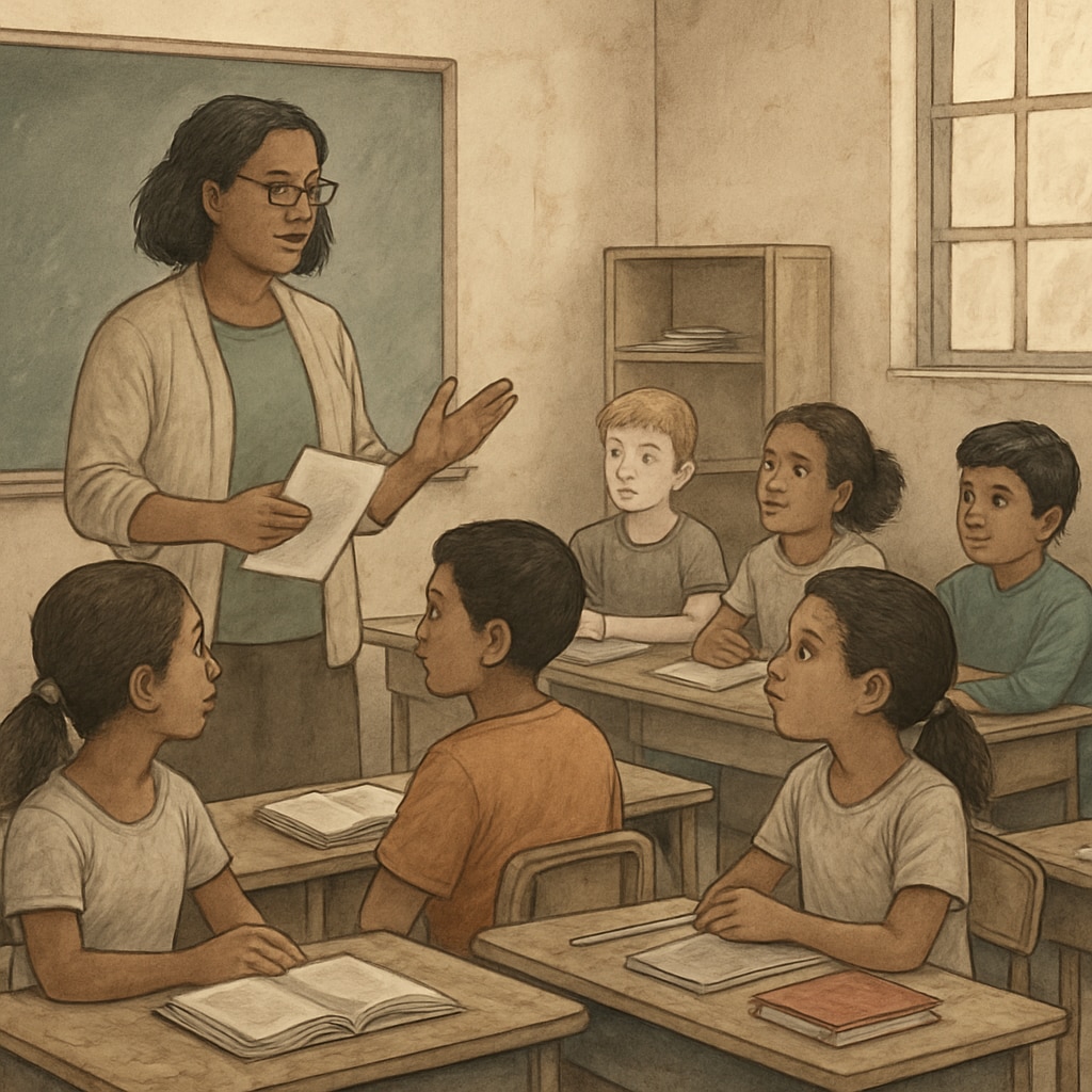 A classroom setting with a teacher addressing students, highlighting the challenges of teaching in under-resourced schools. A teacher addressing students in a classroom, showcasing the difficulties of underfunded schools.
