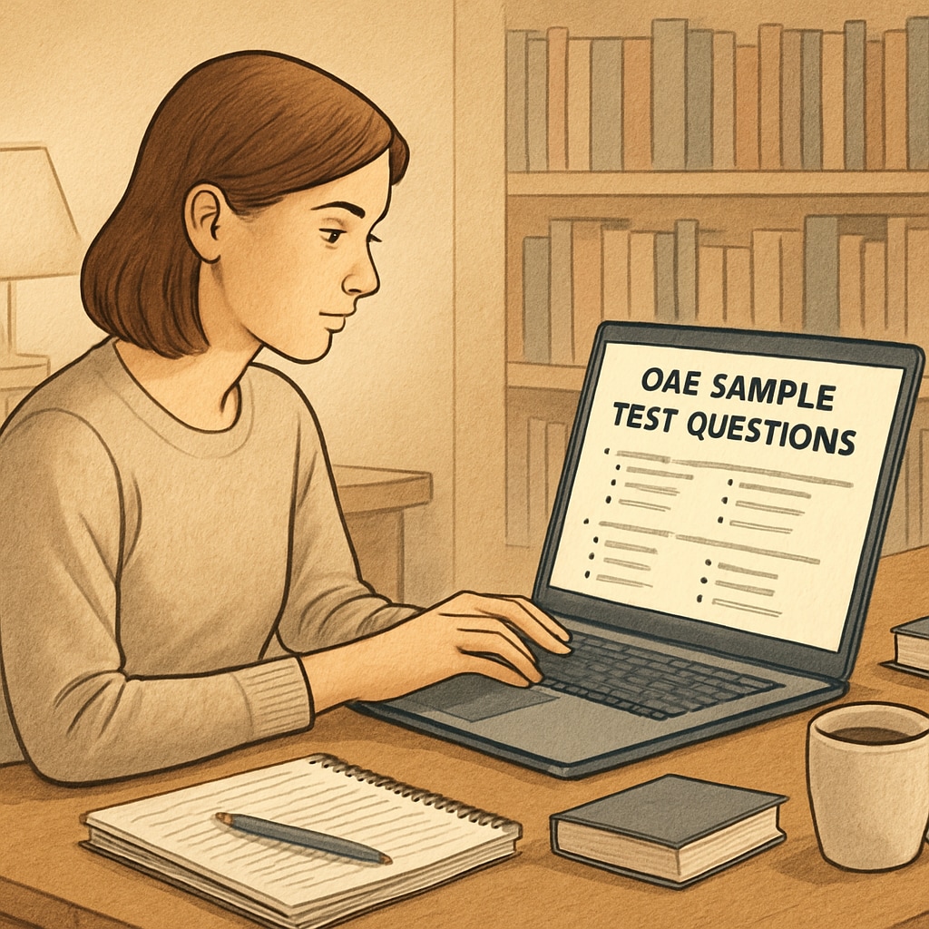 A candidate reviewing OAE sample test questions on their laptop in a calm and organized study environment. OAE test preparation resources reviewed by a candidate in a study setup.