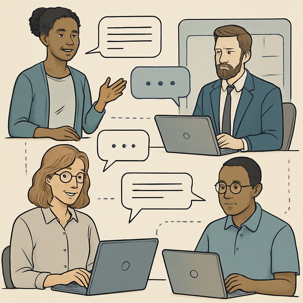 A diverse group of teachers engaging in an online discussion forum, symbolizing collaboration and resource sharing on Reddit. Teachers discussing resources and ideas on Reddit education subreddits.