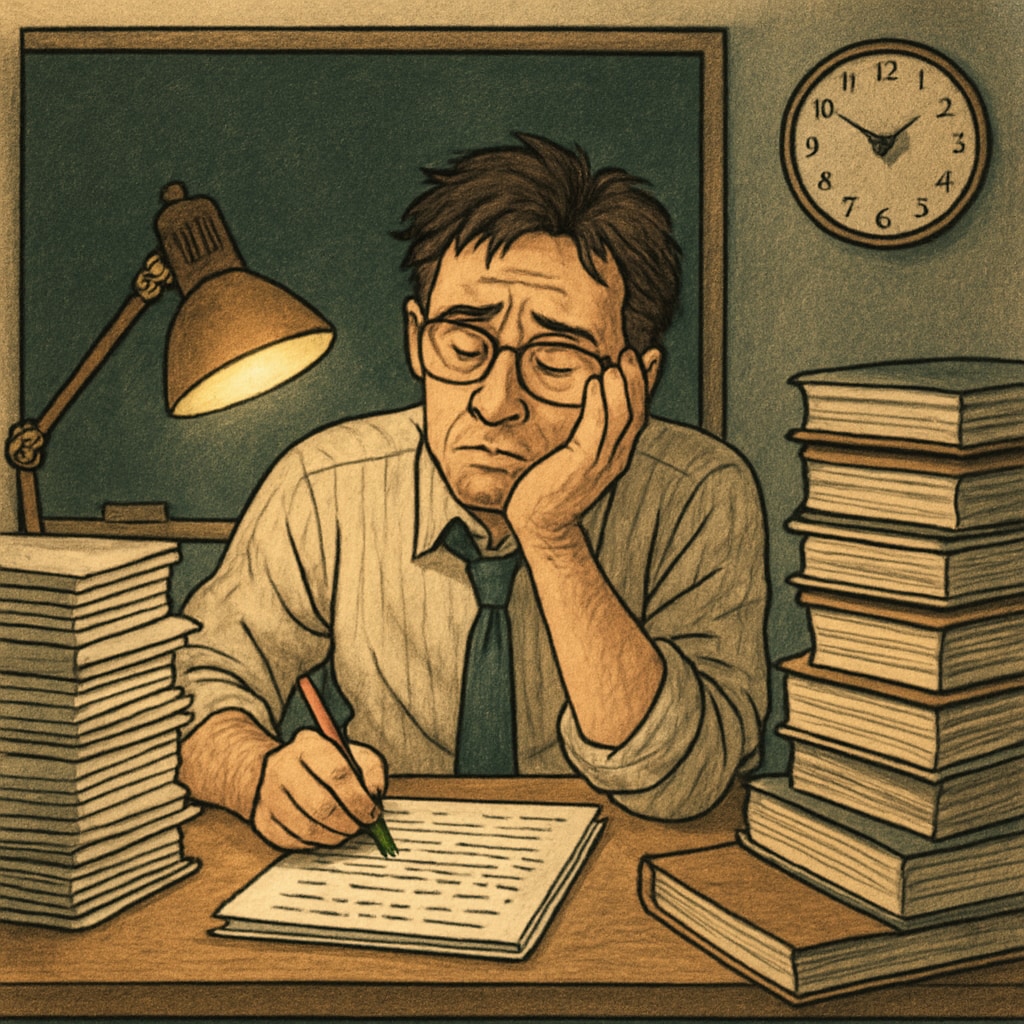 An exhausted teacher grading papers late at night, symbolizing the heavy workloads that educators face. A teacher grading papers at night, illustrating the heavy workload in education.