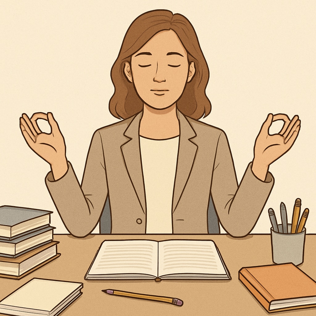 A teacher candidate practicing mindfulness through meditation at their desk, surrounded by study materials. Teacher candidate reducing exam anxiety through mindfulness techniques.