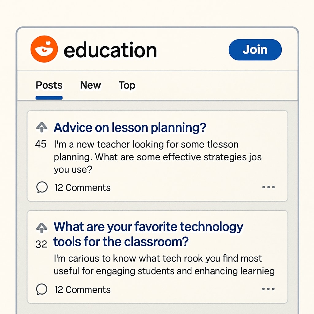 A screenshot of a Reddit education subreddit showing discussion threads on lesson planning and technology tools. Reddit education subreddit page with active discussions on teaching strategies.