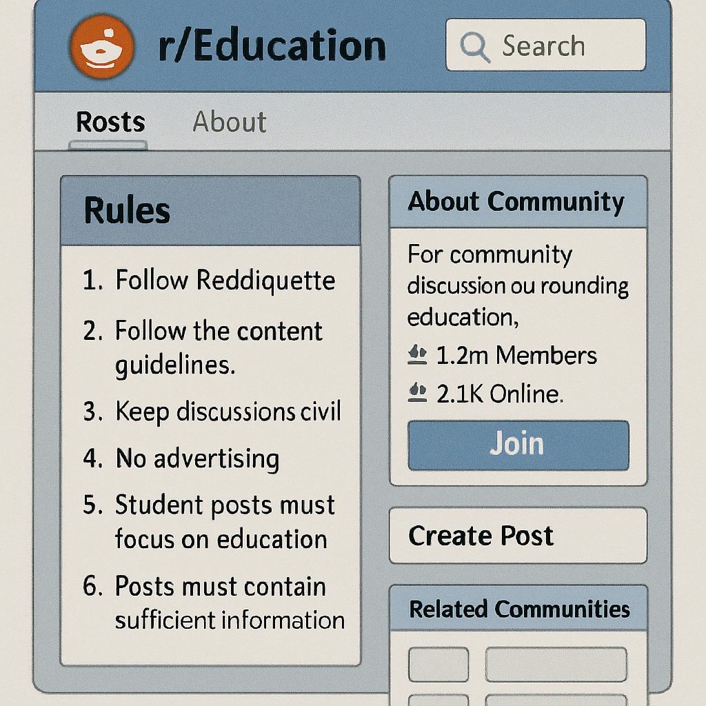 A screenshot displaying the r/Education subreddit homepage, highlighting its rules and sidebar features. r/Education subreddit homepage featuring community rules and navigation tips
