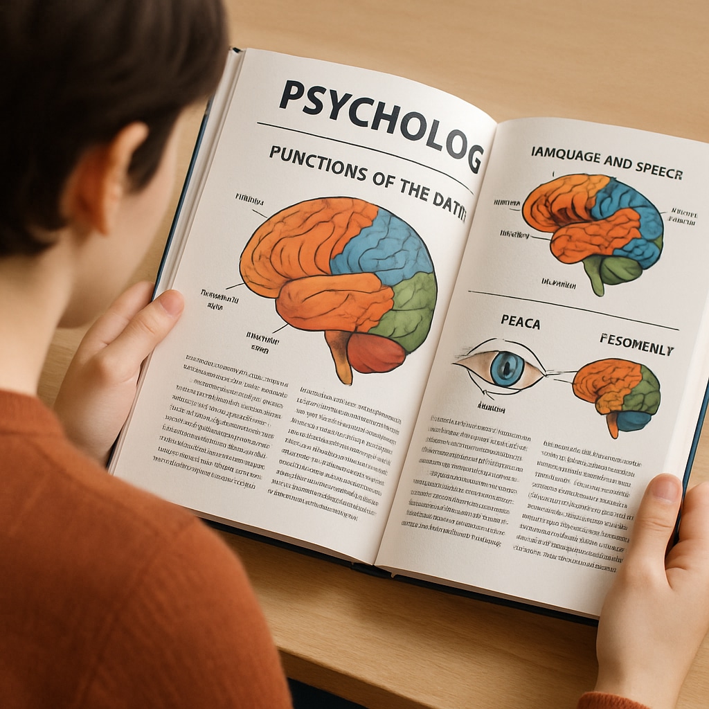 A student reading a psychology book with colorful diagrams highlighting the brain's functions. A student studying a psychology book; self-learning resources for psychology and philosophy.