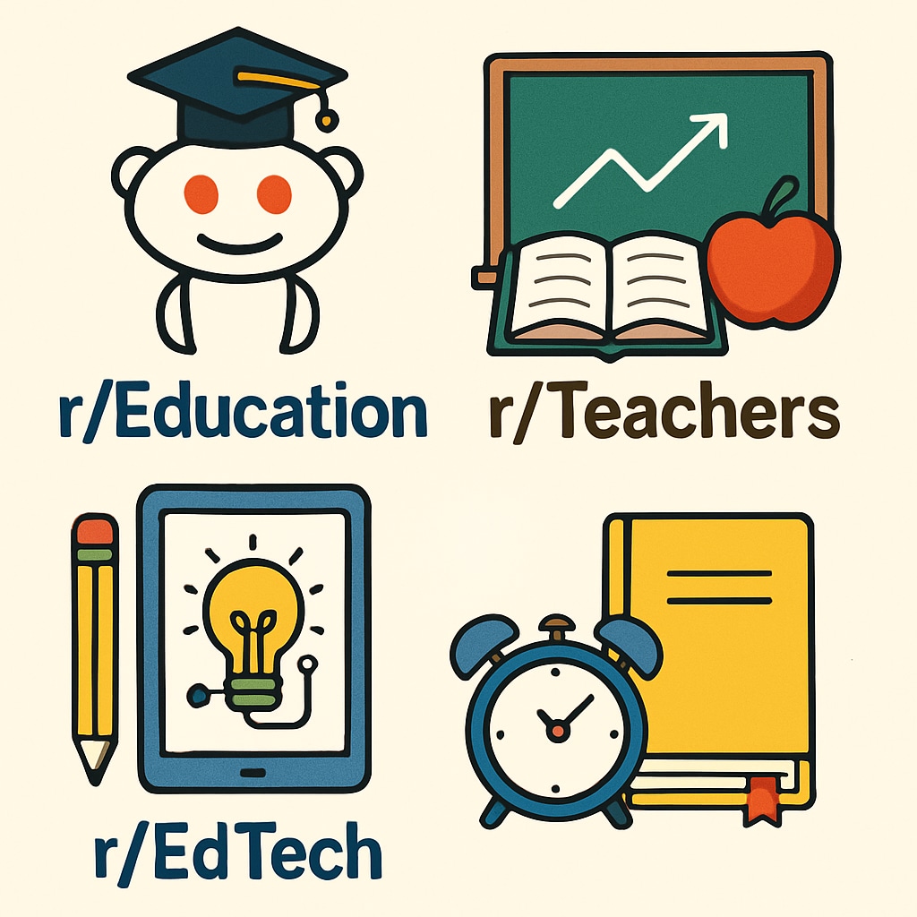 A collage of subreddit logos such as r/Education, r/Teachers, and r/EdTech, showcasing their variety and focus areas. Subreddit logos representing diverse education-related communities on Reddit
