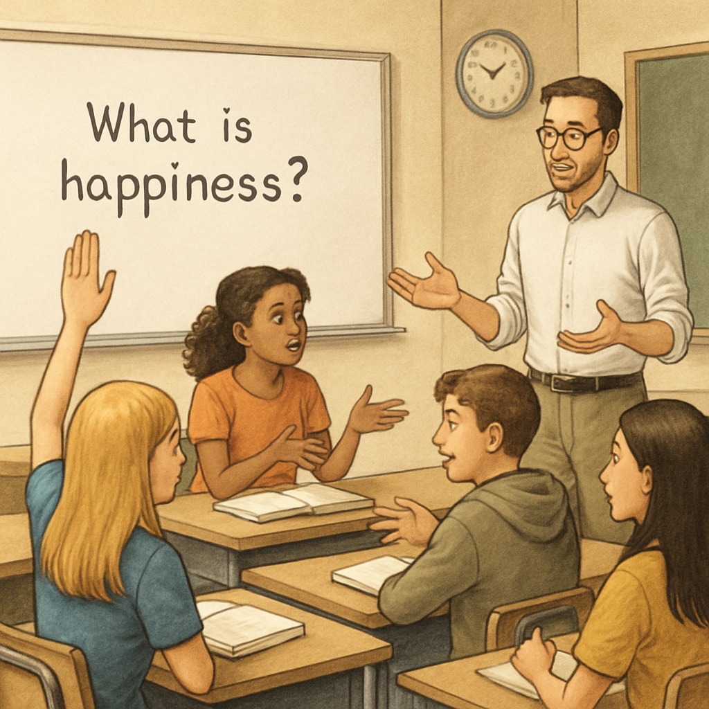 A classroom where students are discussing philosophical ideas with a teacher, a whiteboard featuring Students discussing philosophical questions in a classroom; introducing philosophy in K12.