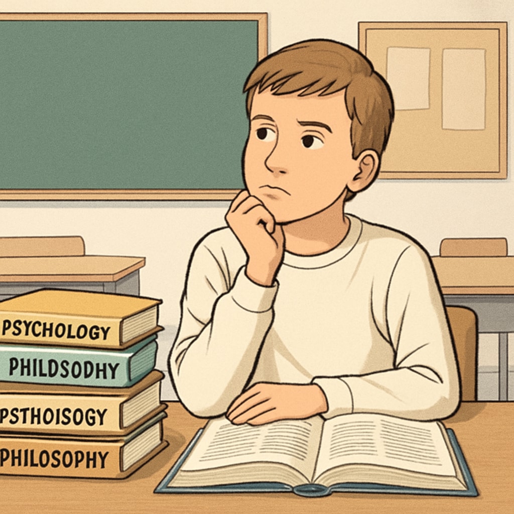 A young student sitting at a desk surrounded by books on psychology and philosophy, with a thoughtful expression. K12 student learning psychology and philosophy through self-study resources.