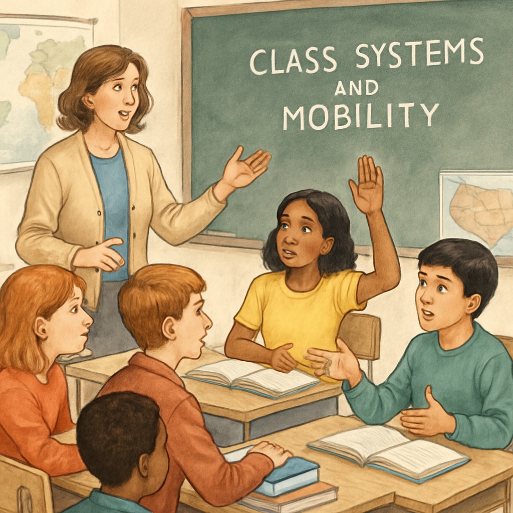 A classroom with students engaging in a social studies discussion about class systems and mobility. Students discussing social mobility and class systems in a classroom.