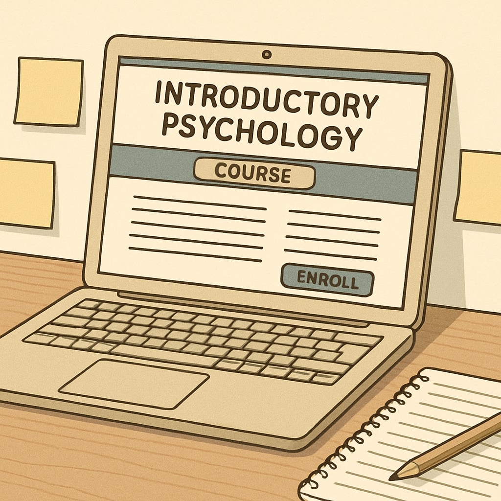 An open laptop with a webpage displaying an introductory psychology course, surrounded by sticky notes and a notebook. Online psychology course for beginners, ideal for K12 students exploring self-learning.