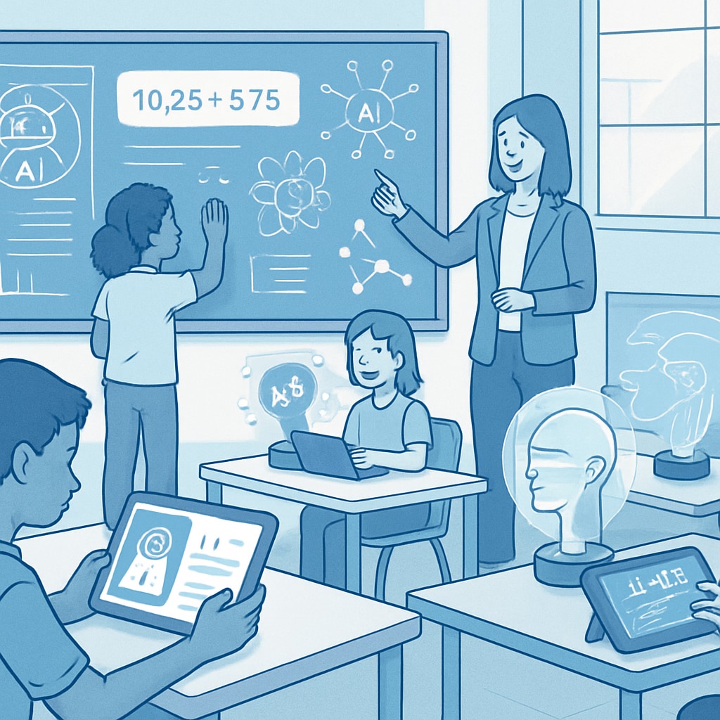 A futuristic classroom equipped with AI-powered devices, illustrating how technology enhances personalized learning experiences. AI-powered classroom showcasing the future of education.