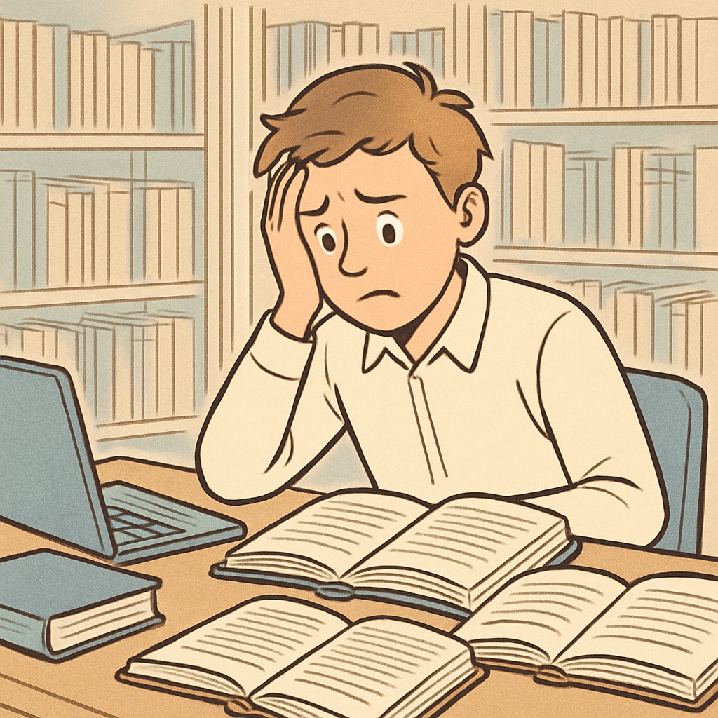 A student sitting in a library with a distressed expression, surrounded by open books and a laptop. A stressed student facing potential plagiarism accusations in a library.
