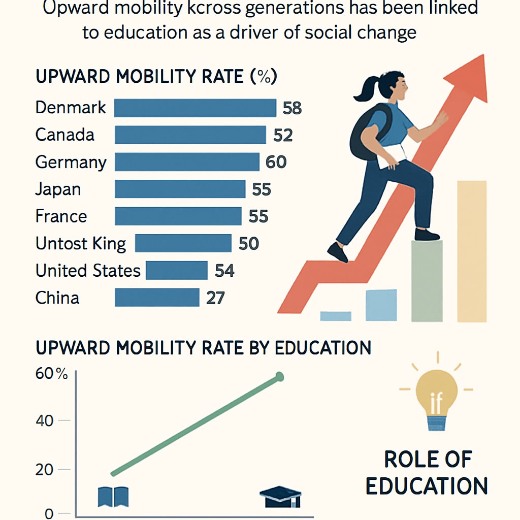 An infographic comparing upward mobility rates across different countries, highlighting education's role in social change. Infographic showing global upward mobility rates and education's impact.