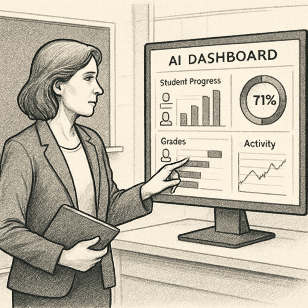 A teacher using an advanced AI dashboard to monitor individual student progress, highlighting the evolving role of educators. Teacher using AI tools to track student performance in a smart classroom.