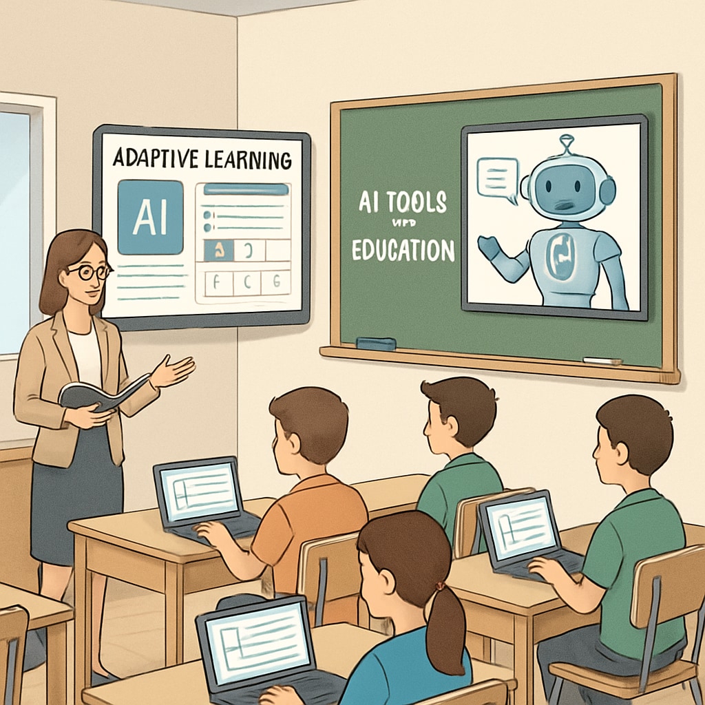 A classroom equipped with advanced AI tools, showcasing adaptive learning platforms and virtual teaching assistants. AI in classrooms with adaptive learning and virtual assistants