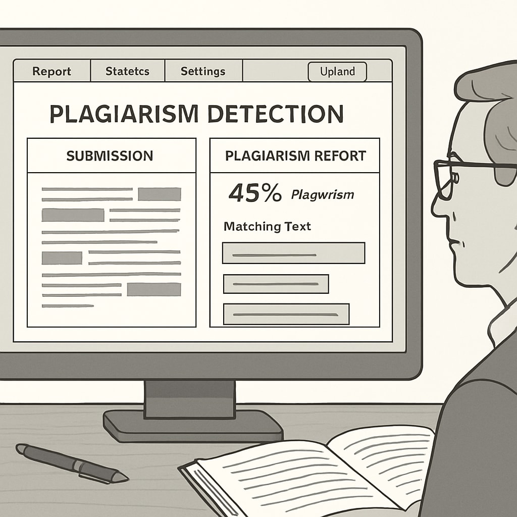 A close-up of a plagiarism detection tool on a professor’s computer screen. A plagiarism detection tool, symbolizing the challenges of identifying academic dishonesty.