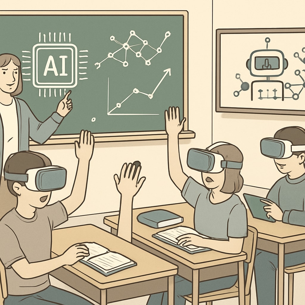 Students wearing VR headsets in a classroom, engaging in an AI-driven virtual learning activity. Students using VR for interactive AI-driven learning