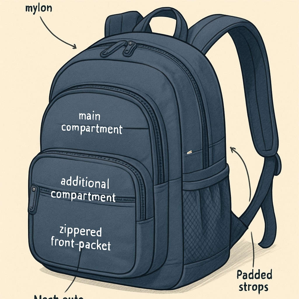 A high-quality nylon college backpack with multiple compartments and padded straps, ideal for students carrying textbooks and laptops. College backpack with multiple compartments and padded straps.