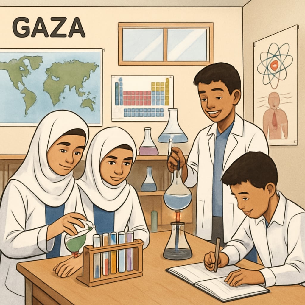 Students in a Gaza classroom participating in a science experiment.