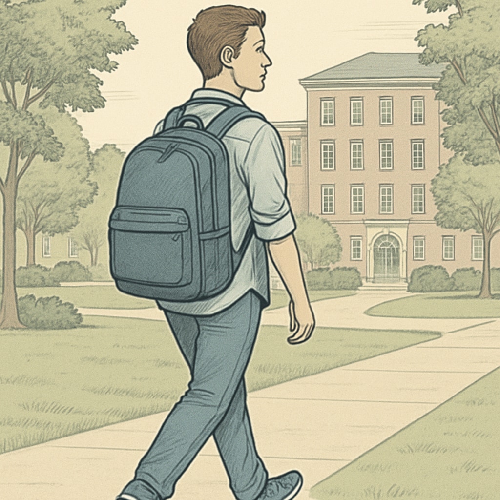 A college student wearing a durable and affordable backpack while walking on campus. College student wearing an ergonomic backpack for comfort and affordability.