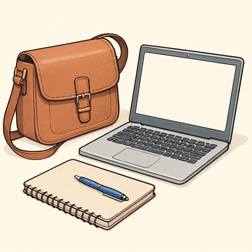 A stylish shoulder bag placed next to a laptop and notebook on a desk. Shoulder bag for college students, showcasing practicality and style.