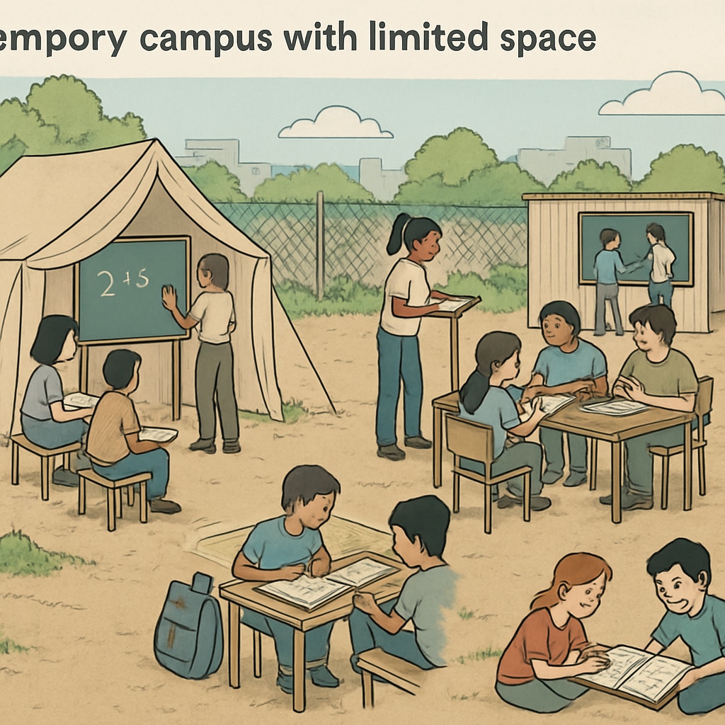 Temporary campus environment with elementary students adjusting to smaller spaces and limited facilities.