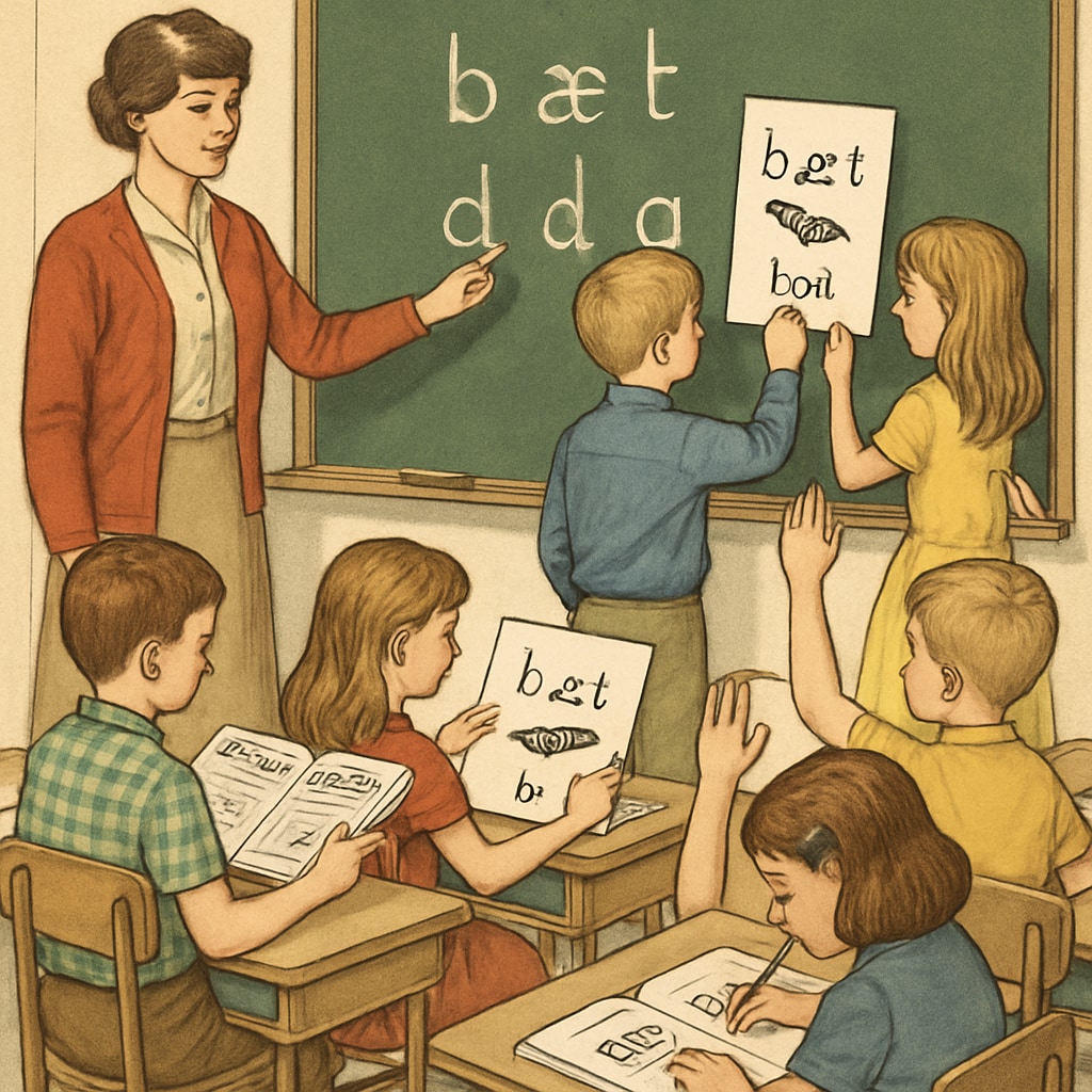 A vintage classroom with children learning using ITA teaching materials, showing phonetic symbols on a chalkboard. ITA teaching materials in a 70s classroom with phonetic symbols.