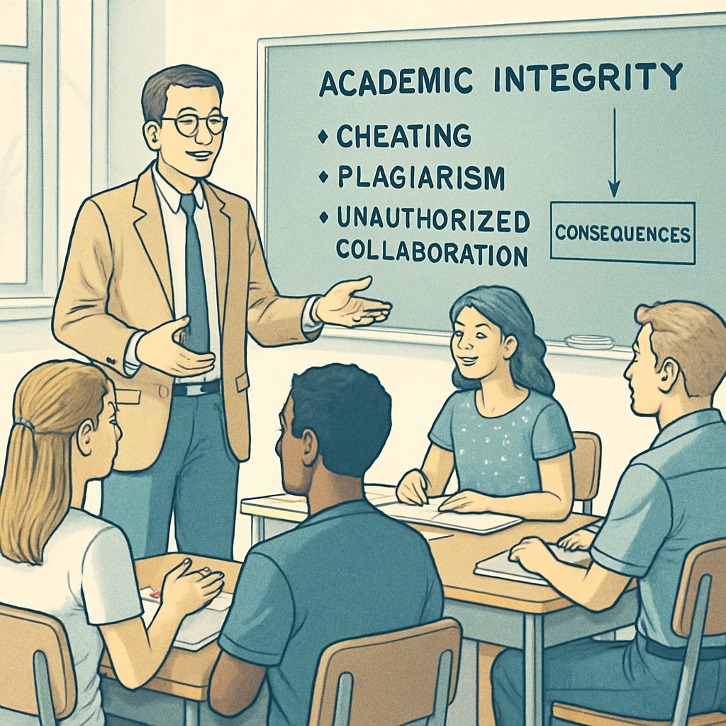 A classroom setting with a professor discussing academic integrity policies with students. Professor discussing academic integrity policies with students in a classroom.