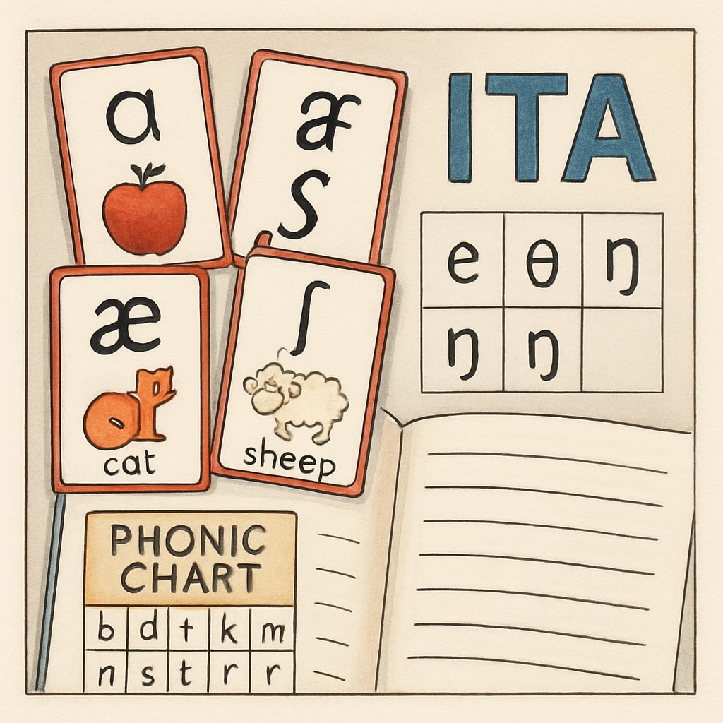 A close-up of ITA teaching materials, including flashcards with phonetic symbols. ITA flashcards with phonetic symbols used in 70s education.